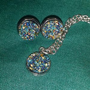 Sparkling green/blue druzy necklace earring set